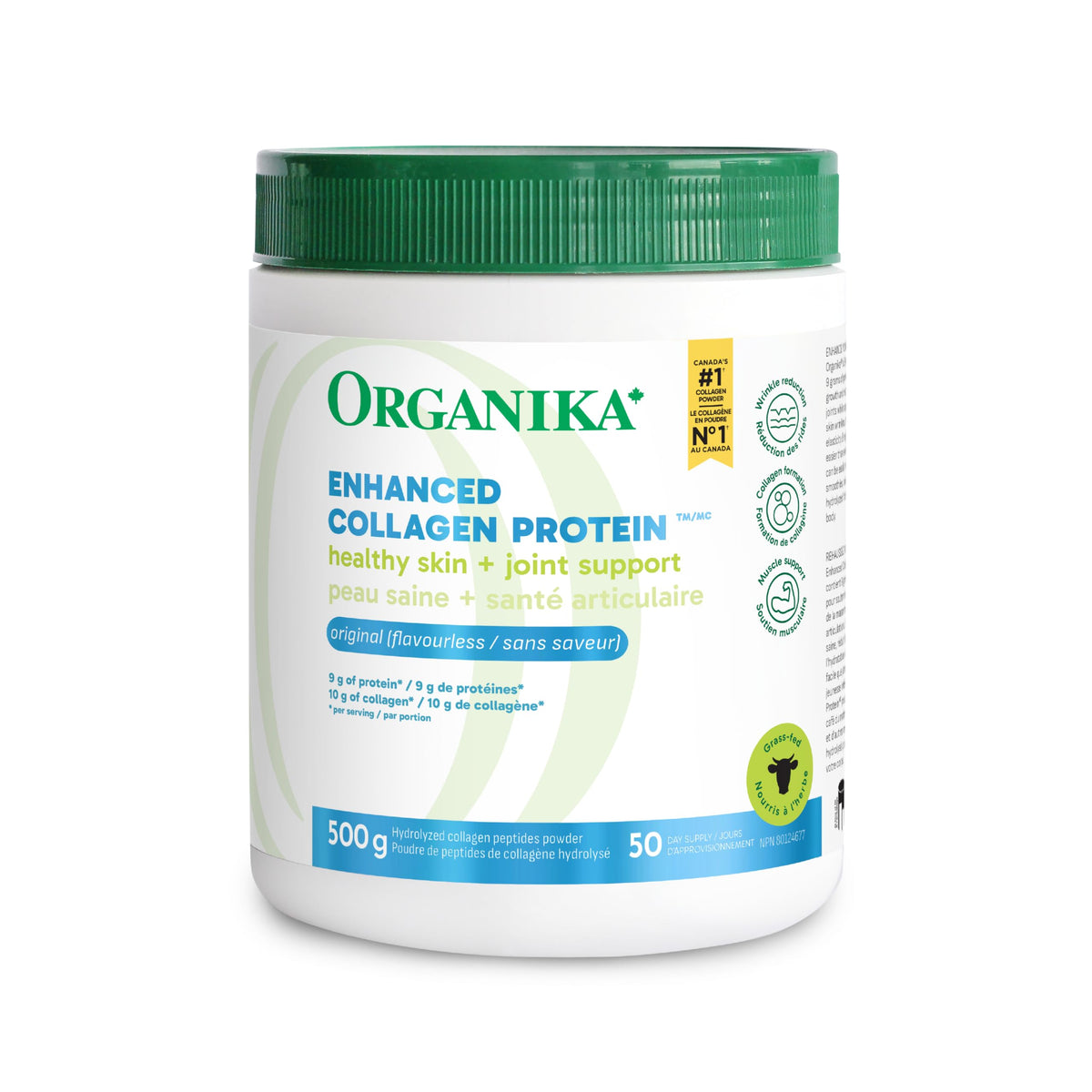 Organika Enhanced Collagen Peptides Powder (Type 1 & 3) – 10g Per Serving for Hair, Skin, Nails & Joints – Canadian-Made, Grass-Fed, Non-GMO, 500g