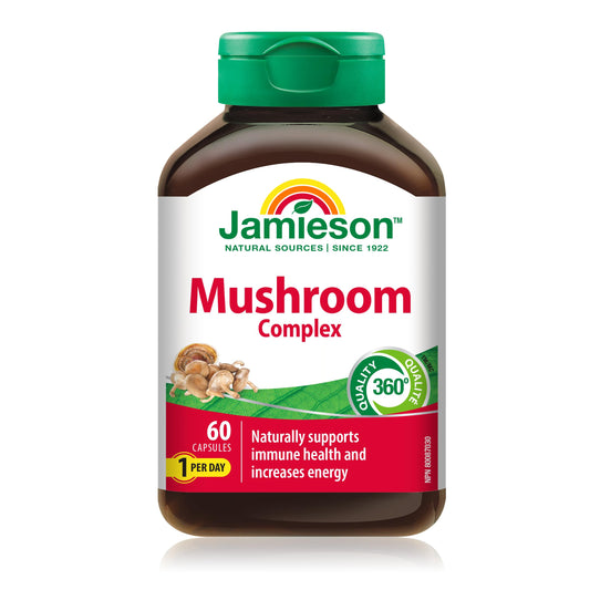 Jamieson Mushroom Complex, with Reishi, Lion's Mane, Chaga, Shiitake, and Garlic. Supports Immune Health, Energy, Resistance to Stress, and Heart Health, Non-GMO, Gluten-Free, 60 Capsules, Proudly Canadian