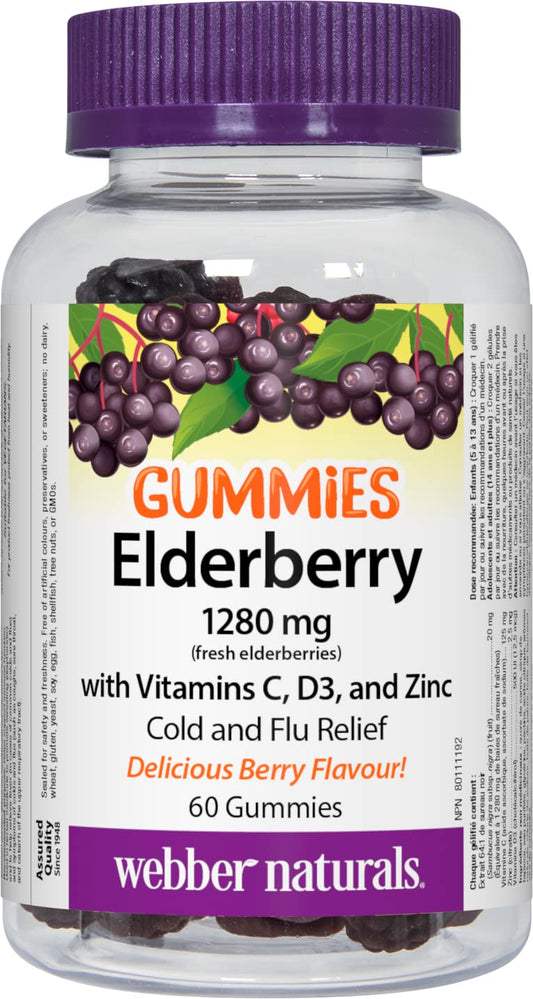 Webber Naturals Elderberry Gummies with Vitamins C, D3, and Zinc, 60 Gummies, Immune and Antioxidant Support, Vegetarian