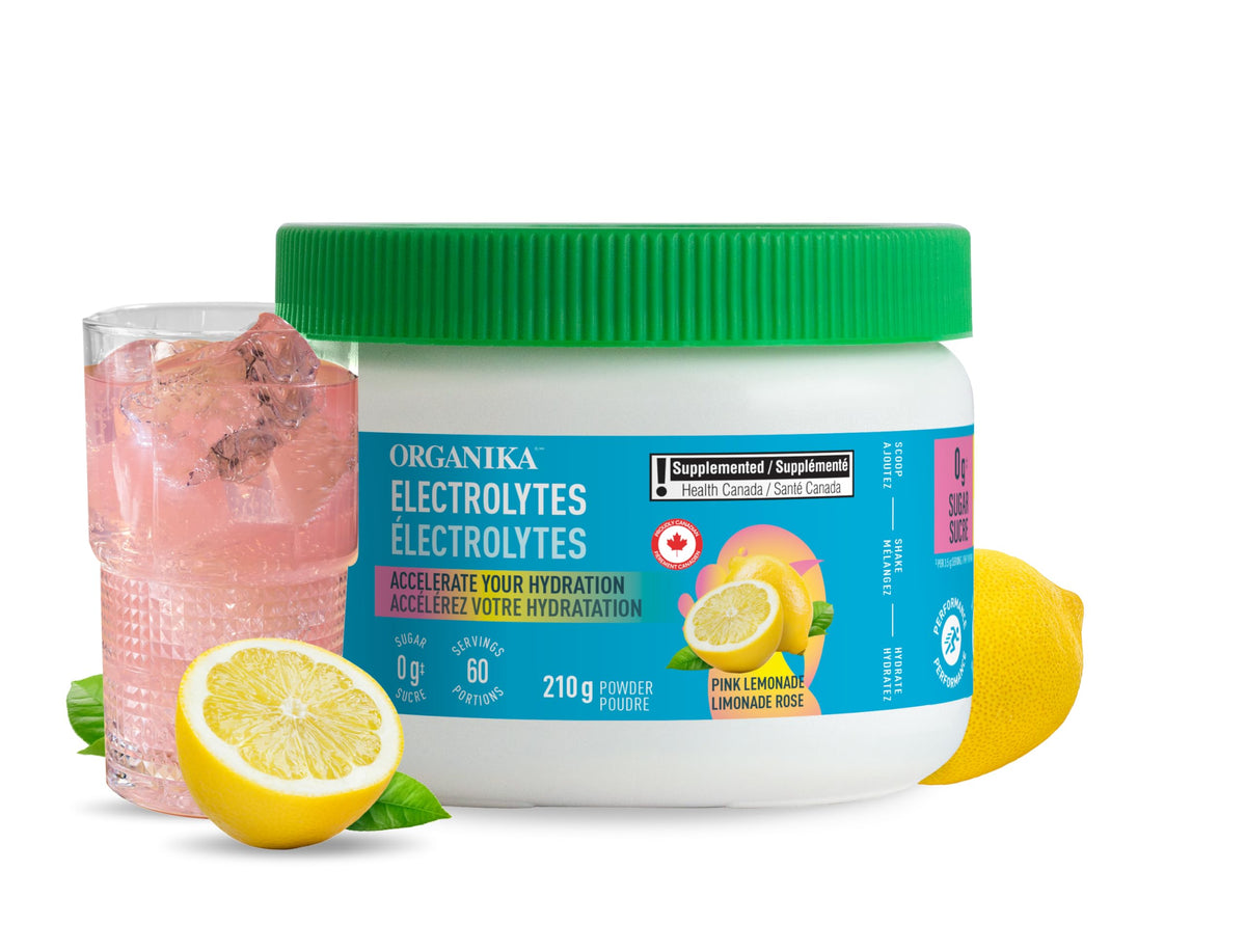 Organika Canadian-Made Electrolytes Powder with Vitamin C & Prebiotic Fibre - Sugar-Free Hydration Drink Mix - Pink Lemonade - 210 g - 60 servings