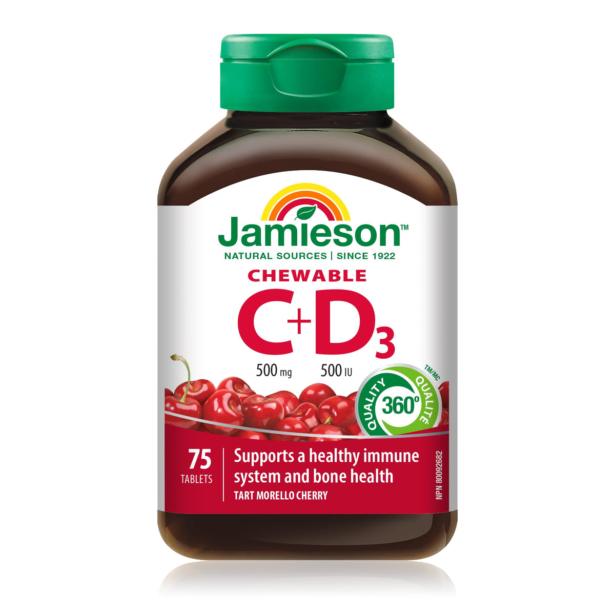 Jamieson Chewable Vitamin C 500 mg with D 500 IU Tart Morello Cherry Flavour, Family Friendly (4+), Supports Immune Health, Strong Teeth and Bones. Vegetarian, Gluten-Free, No Artificial Flavours or Colours, 75 Count, Proudly Canadian