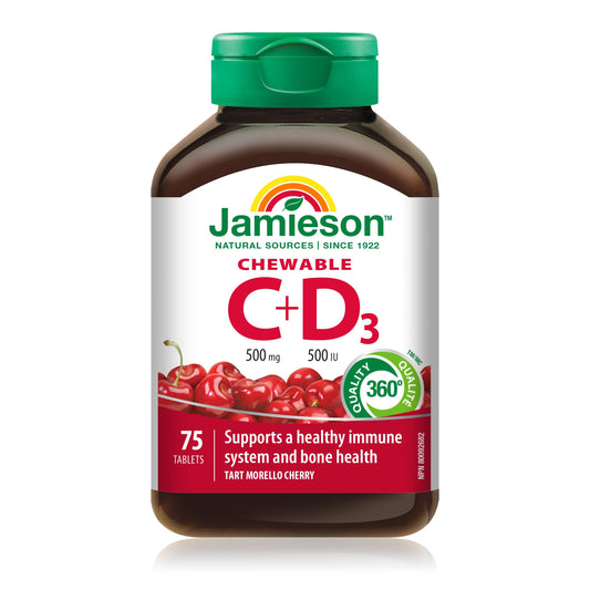 Jamieson Chewable Vitamin C 500 mg with D 500 IU Tart Morello Cherry Flavour, Family Friendly (4+), Supports Immune Health, Strong Teeth and Bones. Vegetarian, Gluten-Free, No Artificial Flavours or Colours, 75 Count, Proudly Canadian