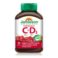 Jamieson Chewable Vitamin C 500 mg with D 500 IU Tart Morello Cherry Flavour, Family Friendly (4+), Supports Immune Health, Strong Teeth and Bones. Vegetarian, Gluten-Free, No Artificial Flavours or Colours, 75 Count, Proudly Canadian