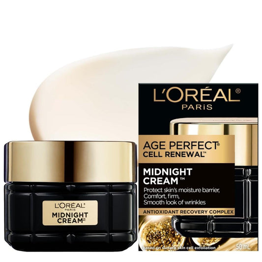 L'Oréal Paris Midnight Night Cream, Skincare with Vitamin E + Antioxidant Recovery Complex, Reduces look of Wrinkles, Firm & Comfort Skin, Age Perfect Cell Renewal, , 50ml