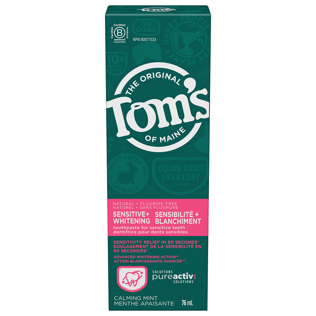 Tom’s of Maine PureActiv Sensitive + Whitening Fluoride Free Toothpaste, Calming Mint, 76 ml