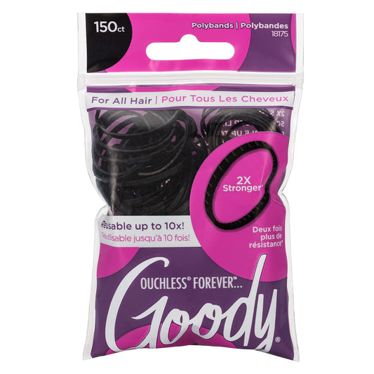 Goody Ouchless Womens Polyband Elastic Hair Tie, 150 Count, Black, Fine Hair Accessories, Style with Ease and Keep Your Hair Secured, Perfect for Fun and Unique Hairstyles, Pain-Free
