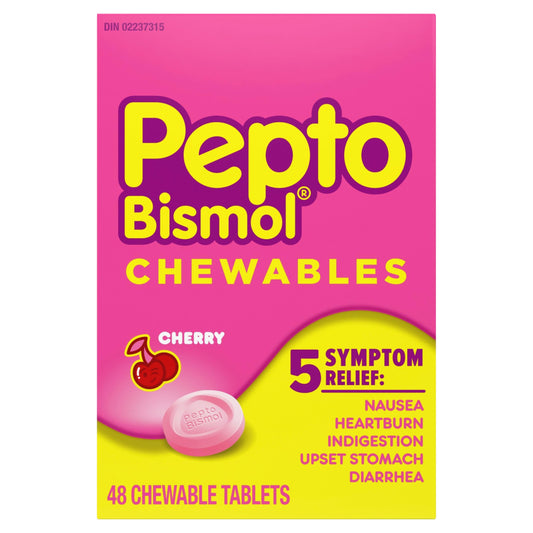 Pepto Bismol Chewables | 5 Symptom Stomach Relief | Regular Strength | Cherry Flavour | 48 Chewables | For Nausea, Heartburn, Indigestion, Upset Stomach & Diarrhea Relief