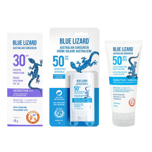 BLUE LIZARD Sensitive Skin Sunscreen Combo Pack for Face and Body, SPF30 Mineral Sunscreen for Face, Fragrance-Free SPF 50 Lotion for Body, SPF 50 Stick, 3 Count, 89 ml Tube, 48g Tube and 14g Stick