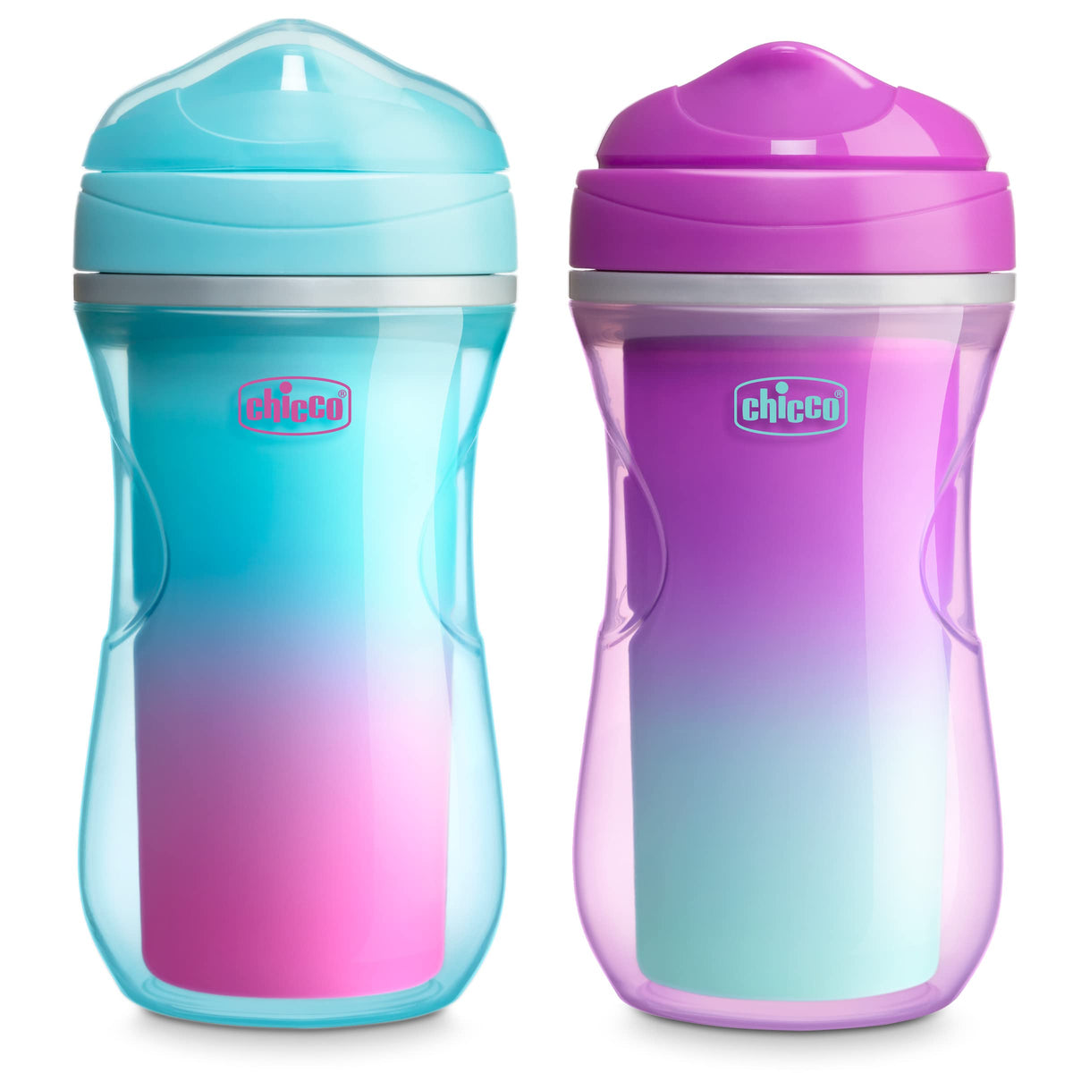 Chicco Double-Wall Insulated Sippy Cup with Bite-Proof Rim Spout and Spill-Free Lid 9oz. | Top-Rack Dishwasher Safe | Easy to Hold Ergonomic Indents | Pink/Teal/Purple Ombre, 2pk | 12+ Months