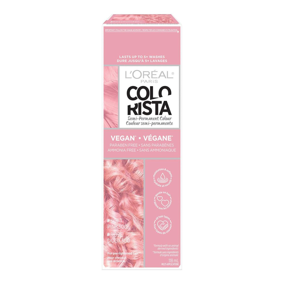 L'Oréal Paris Colorista Semi Permanent Hair Color for Bleached Blonde Hair, 300 Soft Pink, 1 EA (Packaging May Vary)