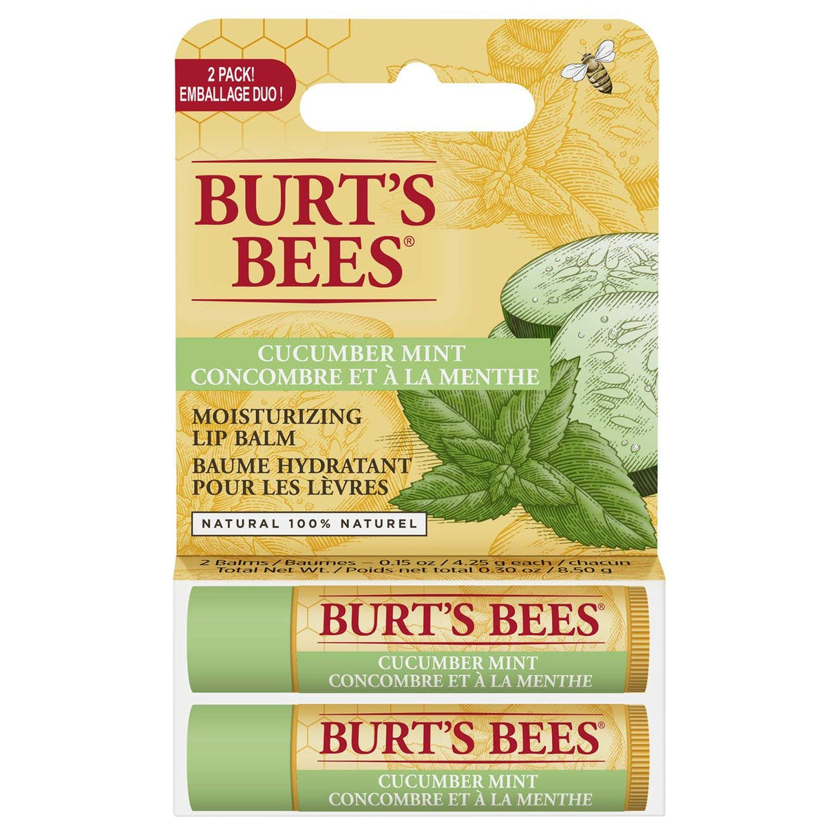 Burt's Bees 100% Natural Origin Moisturizing Lip Balm for Dry Chapped Lips, Get Soft and Hydrated Lips - Pack of 2 - Cucumber Mint