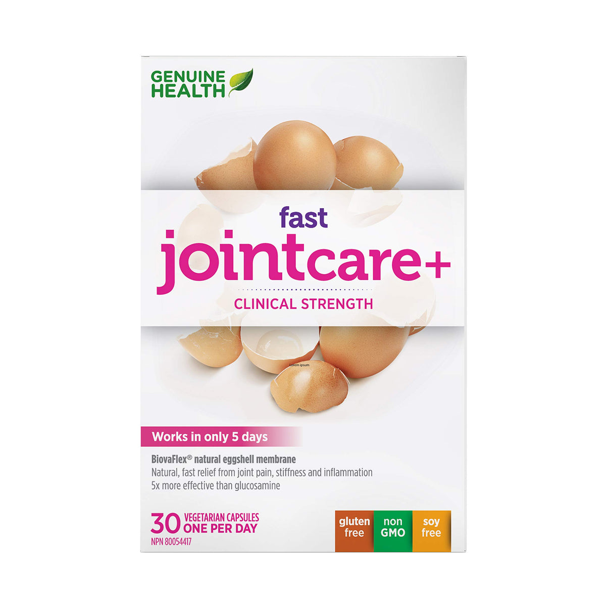Genuine Health Fast Joint Care+ Clinical-Strength, 30 vegetarian capsules, BiovaFlex® Natural Eggshell Membrane, Natural joint pain and inflammation relief in only 5 days, Dairy, soy & gluten-free
