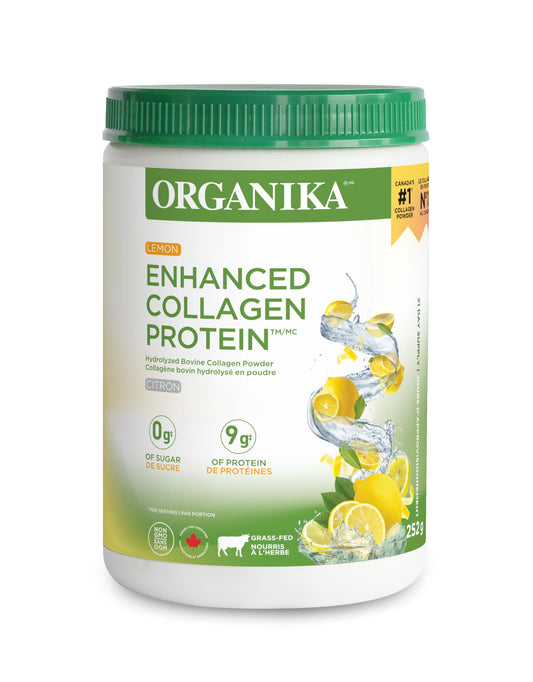 Organika Canadian-Made Enhanced Collagen Protein Powder- Lemon - For Healthy Hair, Skin, Nails, Joints - Hydrolyzed For Better Absorption – Grass-Fed, Non-GMO - 252g