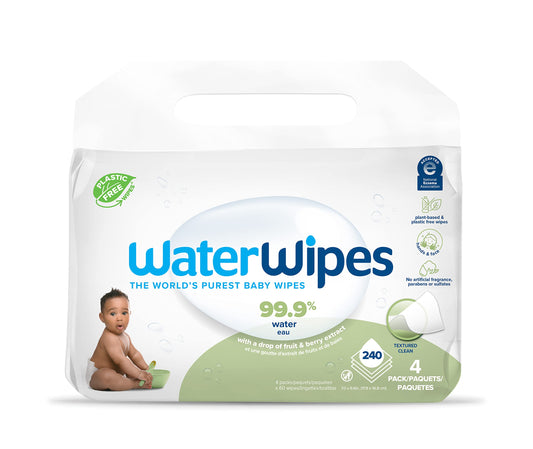 WaterWipes Sensitive+ Baby & Toddler Wipes, 3-In-1 Cleans, Cares, Protects, 99.9% Water, Textured Clean, Unscented & Hypoallergenic, 240 Count (4 Packs)