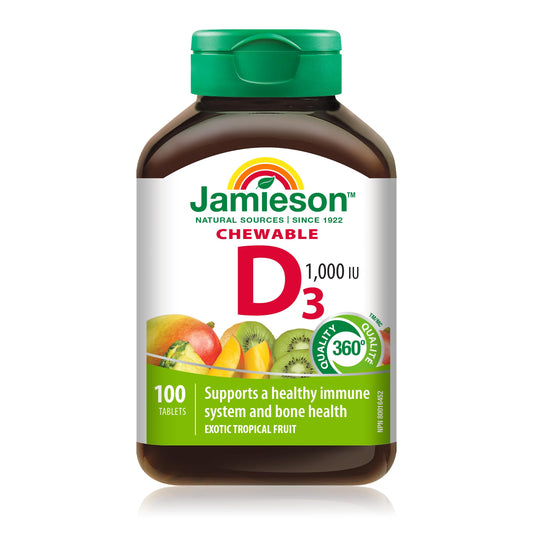 Jamieson Chewable Vitamin D3 1,000 IU Exotic Tropical Fruit Flavour, Supports Immune Health, Strong Bones and Teeth. Vegetarian, Non-GMO, Gluten-Free, No Artificial Flavours or Colours, 100 Count, Proudly Canadian