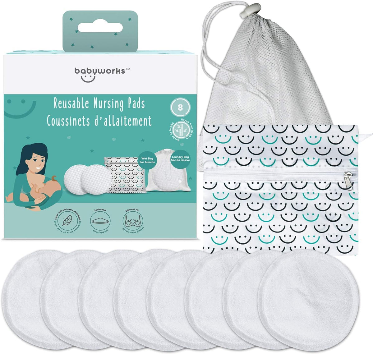Baby Works Reusable Nursing Pads - Soft, Contoured Nursing Pads Made from Rayon - Comes with Wet Bag & Laundry Bag - Machine Washable - Pack of 8