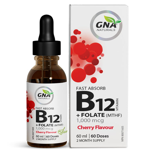 GNA Naturals - Vitamin B12 with Folate Supplement, 60ml - Vitamin B12 Methylcobalamin 1000 mcg - Vitamin B12 Liquid Drops for Adults - Methyl B12 Folate Supplement - Vitamin B12 Complex - Vegan
