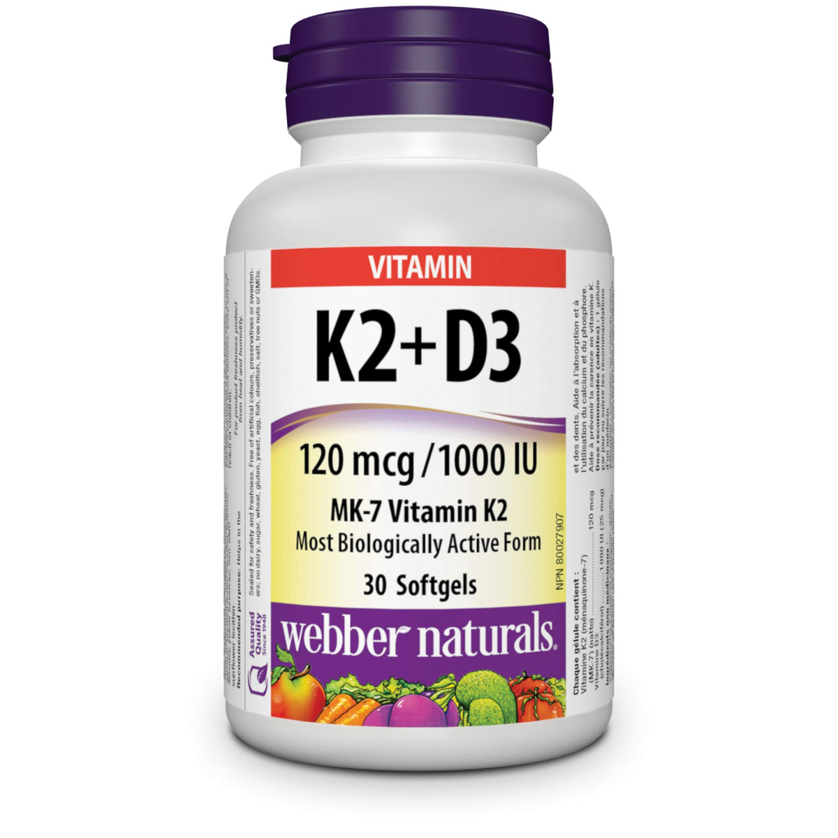 Webber Naturals Vitamin K2 and D3, Softgel, 120 mcg , 1,000 IU, 30 Count