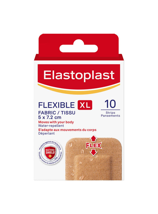 Elastoplast Flexible Fabric XL Adhesive Bandages, 10 Strips, beige | Larger Pad for Better Coverage | Extra Flexible | Adapts to all your movements | Strong Adhesion | Breathable Material