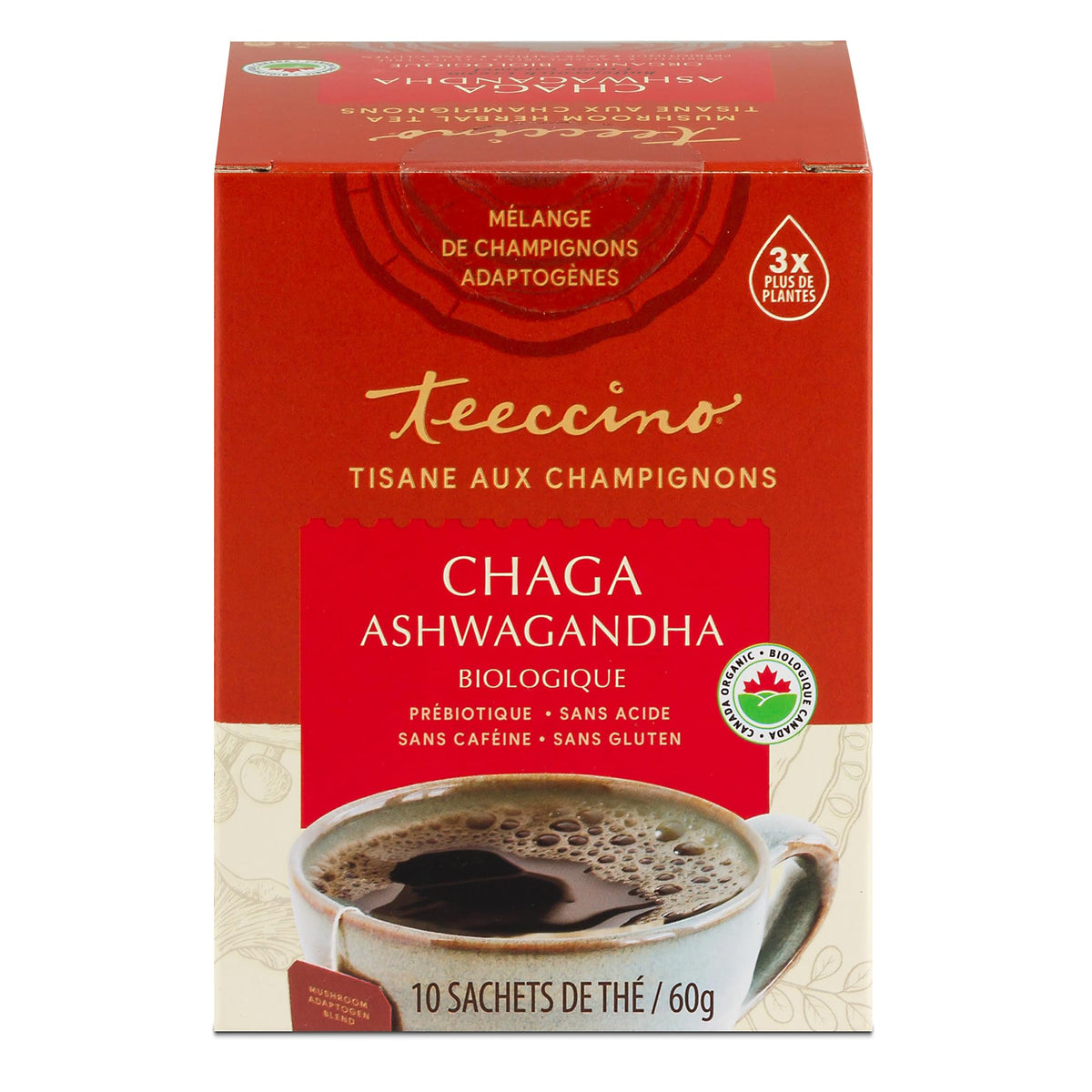 Teeccino Mushroom Adaptogen Tea – Chaga Ashwagandha French Roast Herbal Tea with Wild-Harvested Chaga Mushrooms & Ayurvedic Ashwagandha Root for Immune Support, 10 Tea Bags