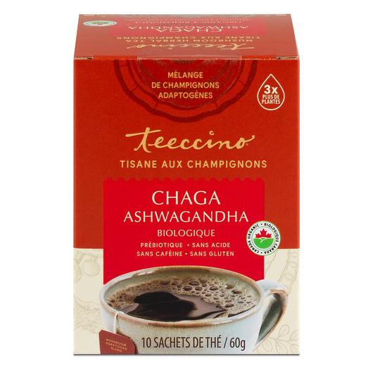 Teeccino Mushroom Adaptogen Tea – Chaga Ashwagandha French Roast Herbal Tea with Wild-Harvested Chaga Mushrooms & Ayurvedic Ashwagandha Root for Immune Support, 10 Tea Bags