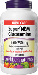 Webber Naturals Super NEM Glucosamine, 180 Tablets, Natural Eggshell Membrane for Support of Joint Pain and Stiffness, Non-GMO, Gluten and Dairy Free