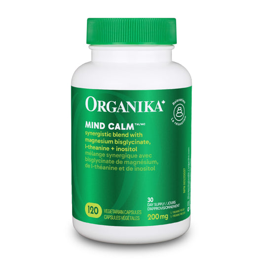 Organika Canadian-Made Mind Calm- with Magnesium Bisglycinate, L-Theanine, GABA, Inositol- Promotes Relaxation and Calm without Drowsiness- 120vcaps