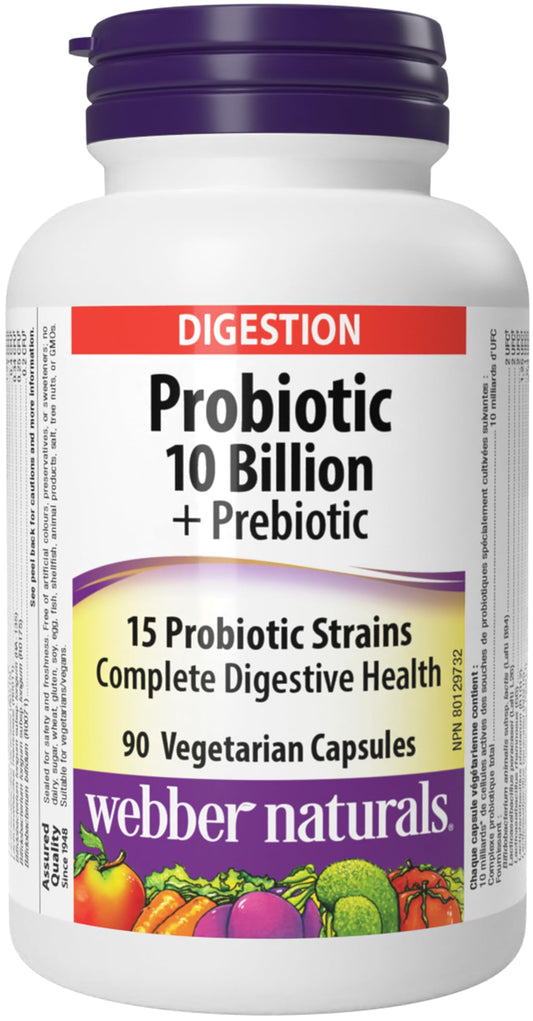 Webber Naturals Probiotic with Prebiotic, 10 Billion Active Cells, 15 Probiotic Strains, 90 Capsules, For Digestive Health, Vegan