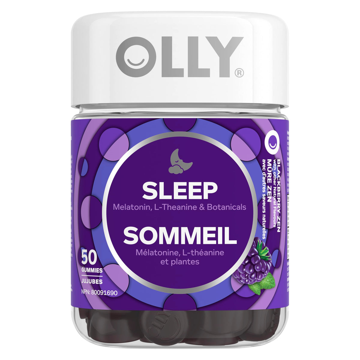 OLLY Sleep Gummy Supplement helps promote a healthy sleep cycle Blackberry Zen with melatonin, L-Theanine & botanicals 25 day supply 50 gummies