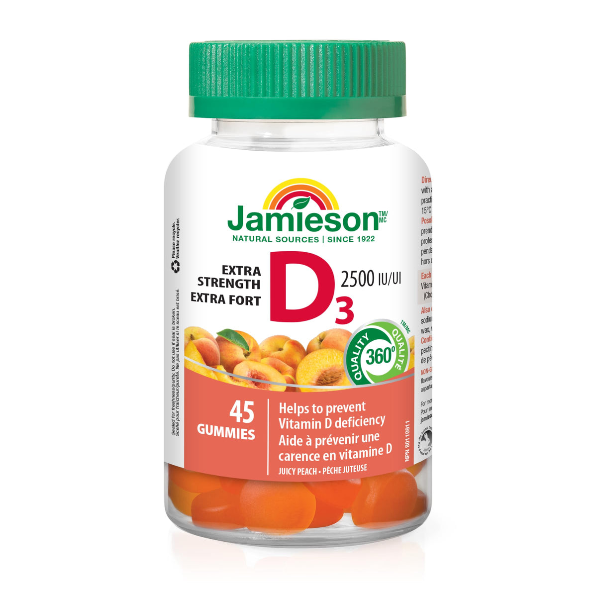 Jamieson Vitamin D3 2,500 IU Gummies Juicy Peach Flavour, Helps Prevent Vitamin D Deficiency, and Osteoporosis, Supports Immune Health, Strong Bones, and Teeth. Vegetarian, No Artificial Flavours, Colours or Preservatives, 45 Count, Proudly Canadian