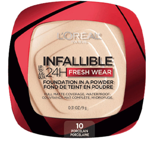 L’Oréal Paris Infallible 24H Fresh Wear Foundation in a Powder, Full Matte Coverage, Longwear up to 24 Hours, Lightweight, Waterproof and Transfer-Proof, 9 g, Shade: 10 Porcelain