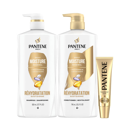 Pantene Shampoo 820 mL, Conditioner 745 mL and Hair Treatment 15 mL Set, Daily Moisture Renewal For Dry Hair, Safe For Color-Treated Hair, 1.58 L Total