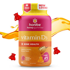 Honibe Vitamin D Gummies for Kids and Adults, Honey-Based Gummy Vitamins Made in Canada, D3 Helps Support Bone Health, Mood and Immune System Functions, Vegetarian Supplements, 70 gummies