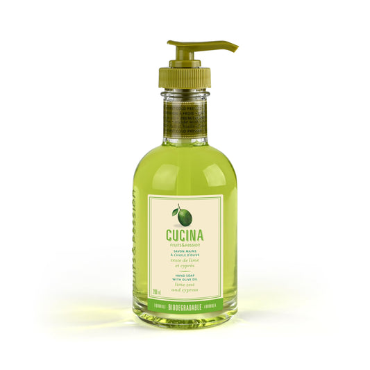 Cucina Hand Soap with Olive Oil, Lime Zest and Cypress, Biodegradable Formula, Refillable Glass Bottle, 200 ml, Fruits and Passion