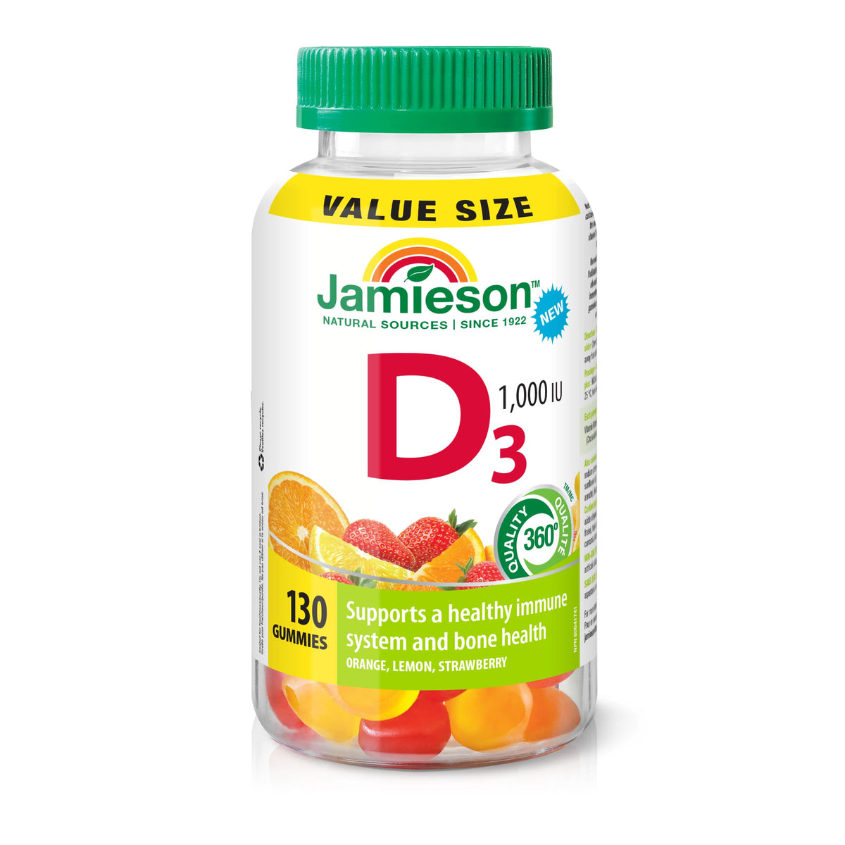 Jamieson Vitamin D3 1,000 IU Gummies, Orange, Lemon, and Strawberry Flavours, Supports Immune Health, Strong Bones and Teeth. Vegetarian, Non-GMO, Gluten-Free, No Artificial Flavours or Colours, 130 Count Proudly Canadian