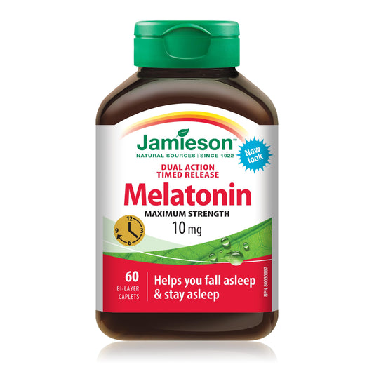 Jamieson Melatonin 10 mg Maximum Strength, Dual-Action Timed Released, Improves Sleep Quality and Duration, Helps Reset the Body's Sleep-Wake Cycle. Vegetarian, Gluten-Free, 60 Bi-Layer Caplets, Proudly Canadian