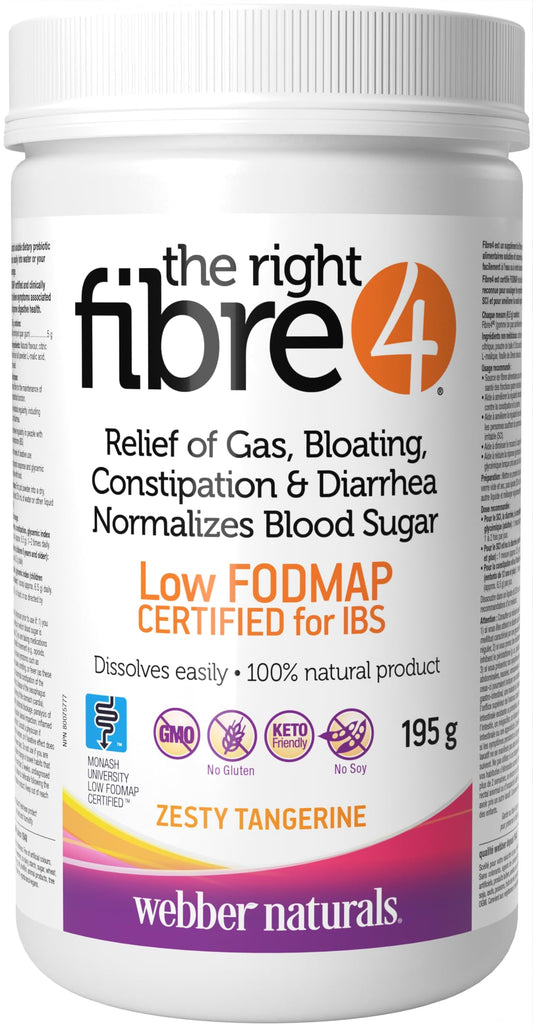Webber Naturals The Right Fibre4 IBS Intestinal Discomfort 195 g, Zesty Tangerine Flavour, 30 Servings, Fibre Supplement for Digestive Health, Low-FODMAP, Vegan