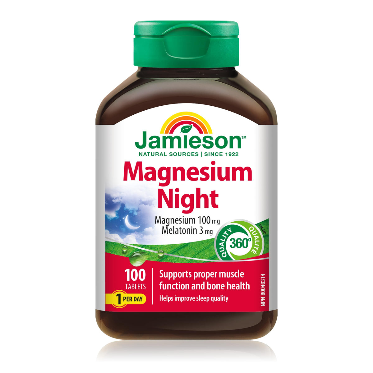 Jamieson Magnesium Night Tablets, with 100 mg Magnesium, and 3 mg Melatonin, High Absorption, Helps Improve Sleep Quality, Supports Bone Health and Muscle Function. One Per Day, Vegetarian, Non-GMO, Gluten-Free, 100 Count, Proudly Canadian