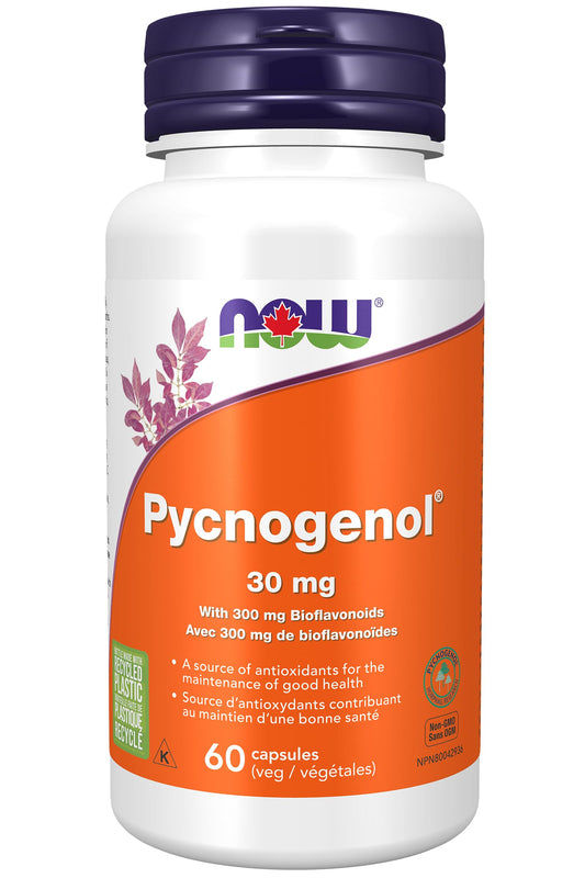 NOW Supplements, Pycnogenol 30 mg (a Unique Combination of Proanthocyanidins from French Maritime Pine) with 300 mg Bioflavonoids, 60 Veg Capsules