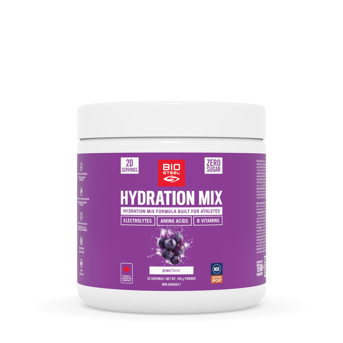 BioSteel Electrolyte Hydration Mix Powder, Zero Sugar, No Artificial Flavours, Grape, 20 Serving Container