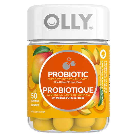 OLLY Probiotic Supplement Mango Chewable Gummy to support gut health with Tropical Mango and other natural flavours 50 gummies