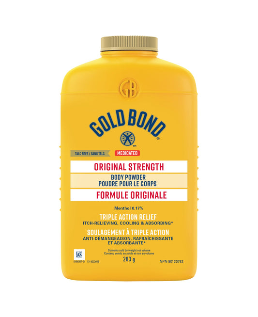 Gold Bond Original Strength Medicated Body Powder, 283g Bottle, Moisture Absorbing, Cooling Powder Offers Temporary Itch Relief and Pain Relief from Minor Burns and Sunburns, Bug Bites and More