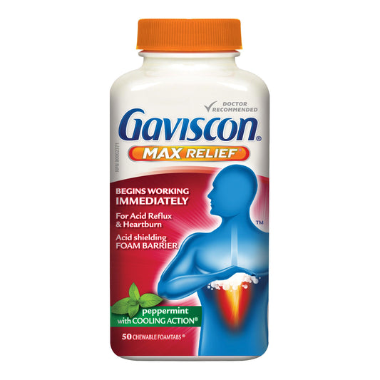 Gaviscon Max Relief Tablets - 50 Count - Chewable Foaming Antacid Tablets for Day and Night Heartburn Relief, Acid Reflux and GERD Relief, Cooling & Refreshing Peppermint - Free of Aluminum & Lactose