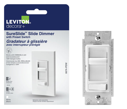 Leviton SureSlide Dimmer Switch for Dimmable LED, Halogen and Incandescent Bulbs, 6674-PDW, White