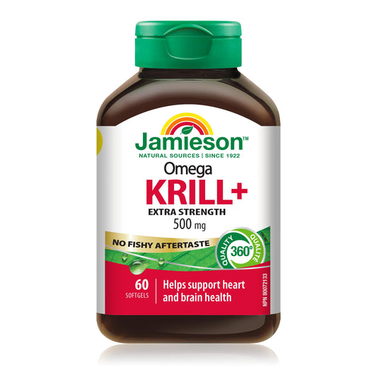 Jamieson Omega Krill Plus 500 mg Softgels, No Fishy Aftertaste, with EPA, DHA, Phospholipids, and Astaxanthin. Supports Hearth Health and Brain Health, Non-GMO, Gluten-Free, 60 Count, Proudly Canadian