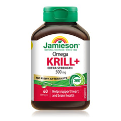 Jamieson Omega Krill Plus 500 mg Softgels, No Fishy Aftertaste, with EPA, DHA, Phospholipids, and Astaxanthin. Supports Hearth Health and Brain Health, Non-GMO, Gluten-Free, 60 Count, Proudly Canadian