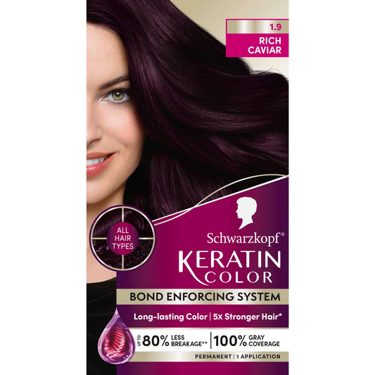 Schwarzkopf Keratin Color Permanent Hair Color, 1.9 Rich Black, 1 Application - Salon Inspired Permanent Hair Dye, for up to 80% Less Breakage vs Untreated Hair and up to 100% Gray Coverage