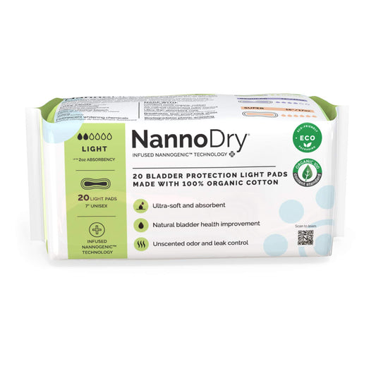 NannoDry Natural Incontinence Pads - Organic Cotton Bladder Leakage Pads - Pregnancy, Postpartum & Menopause Pads for Women and Men - 20 Light Incontinence Pads (20 Count (Pack of 1))