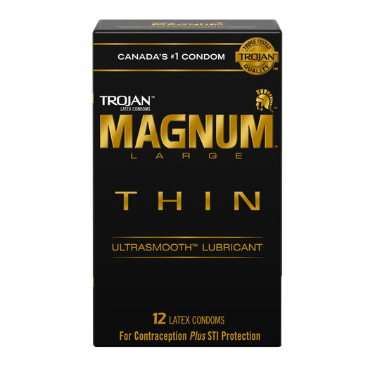 TROJAN Magnum Thin Large Size Lubricated Latex Condoms, 12 Count, Larger than Standard Size Condoms, Thinner Design So You Can Feel Even Closer, Special Reservoir Tip for Added Safety