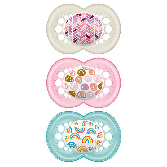 MAM Trends Design Collection Pacifier for Babies 6+ months (3 Pacifiers), MAM Soother with Soft Silicone Nipple, Girl Baby Essentials, 6+ months